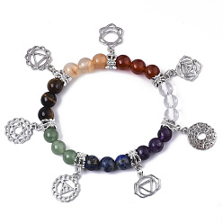 Gemischte Stein Chakra-Schmuck, runde natürliche & synthetische gemischte Edelsteinarmband, Stretch Perlen Armbänder, mit platinierten Legierungsanhängern, Innendurchmesser: 5.8cm (2-1/4 Zoll), Perle: 8~9 mm