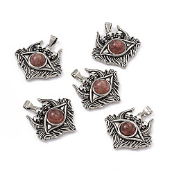 Strawberry Quartz Halloween Natural Strawberry Quartz Pendants, Eye with Skull Charms, with Antique Silver Plated Brass Findings, 26x27x8.5mm, Hole: 3.5x5mm