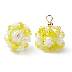 Желтый Стеклянные подвески, цветок, со стеклянными бусинами и латунной петлей, граненые, желтые, 17.5x16 мм, отверстие : 2.3 мм
