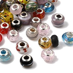 Color mezclado Abalorios europeos / Cuentas europeas de murano hechos  a mano, abalorios de grande agujero, rondel y rectángulo, con núcleo de cobre platino, color mezclado, 10~16x10~15x12~14 mm, agujero: 5 mm