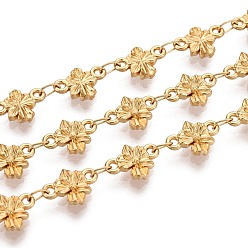 Настоящее золото 18K 5м 304 звенья цепи из нержавеющей стали с цветочным узором, пайки, с катушкой, ионное покрытие (ip), реальный 18 k позолоченный, 10x7x2 мм