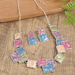 Разноцветный Комплекты квадратных ожерелий с подвесками из цинкового сплава и серег-гвоздиков, красочный, 420 мм