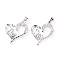 Платинированный Латунные микропаве прозрачные подвески с фианитом, долговечный, сердце со словом тити, Реальная платина, 26x22x3 мм, отверстие : 4x3 мм