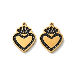 Черный Ионное покрытие (ip) 304 подвески из нержавеющей стали с эмалью, реальный 18 k позолоченный, сердце с подвеской в виде короны, чёрные, 16x12x1.5 мм, отверстие : 1 мм