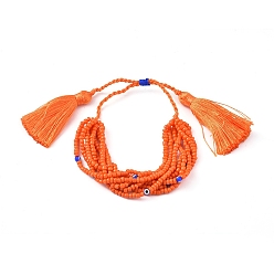Темно-Оранжевый Регулируемые стеклянные бусины плетеные браслеты из бисера, многожильных браслеты, с кисточкой подвесками, злые глаза, темно-оранжевый, 1-1/8 дюйм ~ 2-7/8 дюйм (3.2~7.3 см)