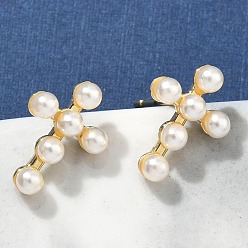 Настоящее золото 18K Серьги-гвоздики с крестом из латуни, с ABS имитации жемчуга, без свинца и без кадмия, долговечный, реальный 18 k позолоченный, 14x10 мм