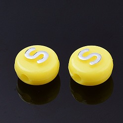 Yellow Plating Opaque Acrylic Beads, Metal Enlaced, Flat Round with Letter, Yellow, 10x6mm, Hole: 1.8mm, about 632pcs/200g
