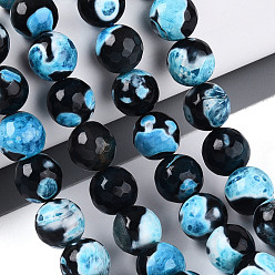 Темно-Голубой Нити окрашенных и нагретых натуральных агатовых бус с огненным кракелюром, круглые, граненые, глубокое синее небо, 9.5~10 мм, отверстие : 0.8~1.3 мм, около 37~38 шт / нитка, 14.17~14.96 дюйм (36~38 см)