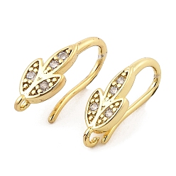 Real 18K Gold Plated Brass with Cubic Zirconia Earring Hooks, Ear Wire, Leaf, Real 18K Gold Plated, 18 Gauge, 16x5.5x8.5mm, Hole: 1.2mm, Pin: 1mm