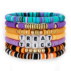(52) Непрозрачная лаванда 7 Набор эластичных браслетов из полимерной глины и пластика с бусинами в стиле Хэллоуин для женщин., разноцветные, внутренний диаметр: 2.56~5.12 дюйм (6.5~13 см)