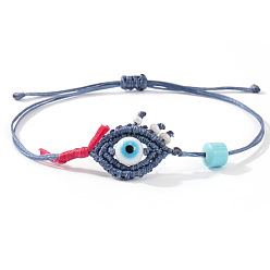 Стально-синий Регулируемые фарфоровые бусины плетеные браслеты, Браслеты из полиэстерного шнура, плетеные для пары., злые глаза, стальной синий, внутренний диаметр: 11 дюйм (28 см)