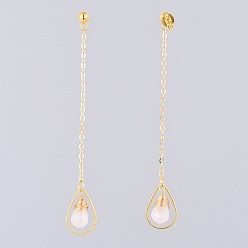 Розовый Кварц Серьги-гвоздики из натурального розового кварца, с 304 серьгами из нержавеющей стали, латунные кабельные цепи, связующие кольца и гайки, слеза, 74 мм, штифты : 0.8 мм