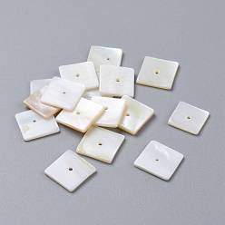 White Shell White Shell Mother of Pearl Shell Charms, Square, 10.5~11x10.5~11x1~1.5mm, Hole: 1mm