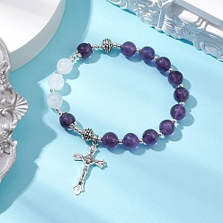 Аметист Природный аметист бисера браслеты, с подвеской в виде креста из сплава для женщин, 1/4 дюйм (0.8 см), внутренний диаметр: 2-1/8 дюйм (5.3 см)