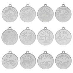Stainless Steel Color 304 Stainless Steel Pendants, Flat Round with Twelve Constellation, Laser Cut, Stainless Steel Color, 25x22x1.5mm, Hole: 2mm, 12pcs/box