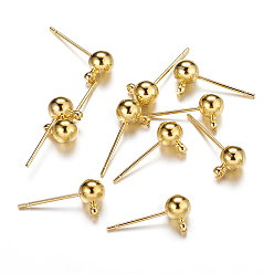 Golden Brass Ball Post Ear Studs, with Loop & 304 Stainless Steel Pins, Golden, 15.2~15.7x5mm, Hole: 1mm, Pin: 0.7mm