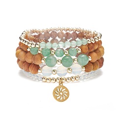 Смешанные камни 5шт 5 комплект браслетов из бисера из натурального дерева и смешанных камней, латунные браслеты с подвеской в виде солнца для женщин, внутренний диаметр: 2~2-1/4 дюйм (5.2~5.75 см), 1 шт / стиль