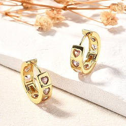 Настоящее золото 18K Серьги-кольца в форме сердца из розового циркония, стеллаж для латунных украшений для женщин, без свинца и без кадмия, реальный 18 k позолоченный, 15x5x16 мм, штифты : 1 мм