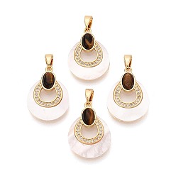 Настоящее золото 18K Натуральный тигровый глаз в подвесках из белой раковины, Подвески в форме капли с латунными микропаве из прозрачных кубических цирконий., реальный 18 k позолоченный, 20.5x15x3.5~4 мм, отверстие : 5x2 мм