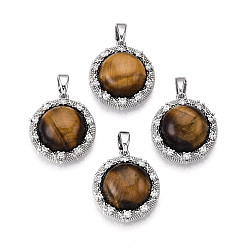 Платина Природных тигровый глаз подвески, Плоские круглые подвески из латуни с микропаве из прозрачного кубического циркония, платина, 17.5x16x6.5 мм, отверстие : 5x2.5 мм