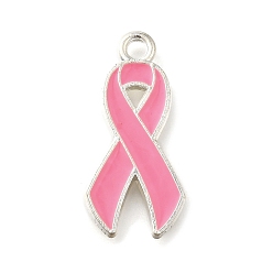 Awareness Ribbon Розовая лента осведомленности о раке молочной железы, подвески из сплава с эмалью, серебряные, осведомленности ленты, 25.5x12x1.5 мм, отверстие : 2 мм