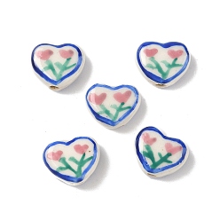 Синий Фарфоровые бусины ручной работы, Сердце со цветками , синие, 12~12.5x14~15x6.5~7 мм, отверстие : 1.8 мм