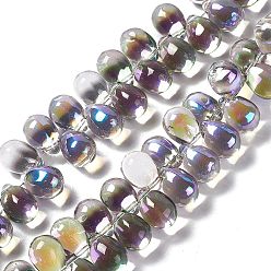 Medium Purple Electroplate Glass Beads Strands, Top Drilled Beads, Half Rainbow Plated, Teardrop, Medium Purple, 13.5x9.5mm, Hole: 0.9mm, about 120pcs/strand, 23.23''(59cm)