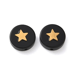 Obsidienne Des billes d'obsidienne naturelles, rond plat avec étoile en acier inoxydable, or, 304mm, Trou: 12x4mm
