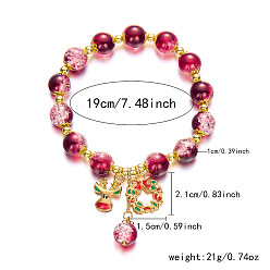 Christmas Bell Рождественские браслеты с подвесками из эмали из сплава, браслеты из круглых стеклянных бусин с трещинками для женщин, рождественский колокольчик и олень, 7-1/2 дюйм (19 см)