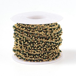 Темно-Зеленый Ручной цепи стекло бисером, с латунными ушками, золотые, пайки, круглые, граненые, с катушкой, темно-зеленый, 2.5x2x0.4 мм, бусины : 2~2.5 мм, около 32.8 футов (10 м) / рулон