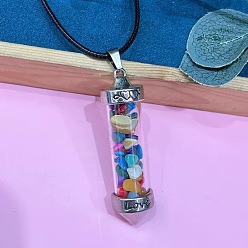 Раковина Кулон из цинкового сплава в виде шестиугольной стеклянной бутылки с внутренними окрашенными кусочками натуральной раковины, ожерелье из черного шнура из искусственной кожи., платина, 19.69 дюйм (50 см)