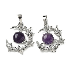 Аметист Подвески из натурального аметиста , латунные подвески в виде птиц и луны, платина, стойки покрытие, 27~28.5x23.5~24.5x6.5~7 мм, отверстие : 7x5 мм