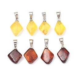 Платина Подвески из натурального янтаря, Подвески в форме ромба с латунными защелками., платина, 14~15x8~10.5x4~5 мм, отверстие : 4.5x4 мм