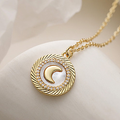 Луна Подвеска-колье из латуни с микропаве из прозрачных кубических цирконий и натуральными ракушками, плоская круглая, для женщин., золотые, луна, 17.72 дюйм (45 см)