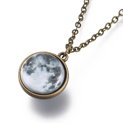 Planet Ожерелье из стекла, с тросовыми цепями из сплава и застежками-клешнями, без кадмия и без свинца, круглые, узор галактики, 20.07 дюйм (51 см), подвески: 21x18x17 мм