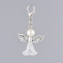 White Acrylic Pendants, with Glass Pearl Beads, Platinum Plated Zinc Alloy Lobster Claw Clasps and Antique Silver Plated Alloy Beads, Angel, White, 40mm