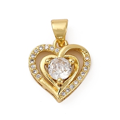 Настоящее золото 18K Латунные микро проложить кубического циркония подвески, сердце прелести, долговечный, без кадмия и без свинца, стойки покрытие, реальный 18 k позолоченный, 14x13.5x5.5 мм, отверстие : 5x3.5 мм