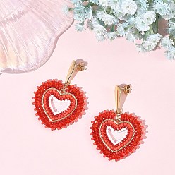 Red Glass Seed Bead Dangle Earrings, Heart, 304 Stainless Steel Stud Earrings for Women, Golden, Red, 52~53x37~38mm