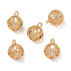 Plaqué 18K Or Véritable Pendentifs en laiton zircon cubique transparent, rond avec des breloques en cuivre pour billets, sans nickel, réel 18 k plaqué or, 10x8x8mm, Trou: 1mm