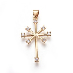 Golden Brass Micro Pave Cubic Zirconia Pendants, Cross, Clear, Golden, 31x19x2.5mm, Hole: 5x3.5mm