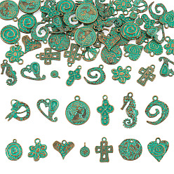 Mixed Shapes 52 piezas 13 estilos colgantes de aleación de estilo tibetano, bronce antiguo y pátina verde, formas mixtas, 10~25x7~20 mm, 4 piezas / estilo