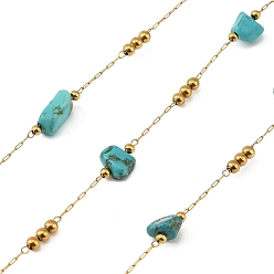 Синтетическая Бирюза Ручная работа 316 цепочки из звеньев из нержавеющей стали в форме самородков, с 304 бусинами из нержавеющей стали и синтетической бирюзы, ионное покрытие (ip), реальный 18 k позолоченный, пайки, с катушкой, 8.5~12.5x6~8.5x5~6 мм
