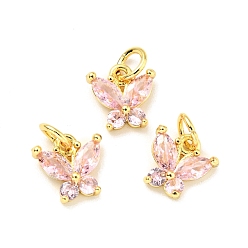Бледно-Розовый Подвеска из латуни с инкрустацией кубическим цирконием, с прыжковых колец, без кадмия и без свинца, золотые, бабочка, розовый жемчуг, 10x10x3.5 мм, отверстие : 3.4 мм