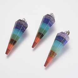 Смешанные камни Чакра ювелирные изделия йога, природные и синтетические Gemstone подвески, латунная фурнитура с платиновым покрытием, конус, 47x15 мм, отверстие : 5x8 мм