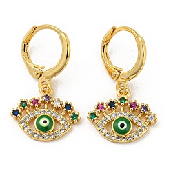Green Evil Eye Golden Brass Dangle Leverback Earrings, with Enamel and Cubic Zirconia, Green, 25.5x15mm