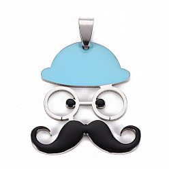 Sky Blue 201 Stainless Steel Enamel Pendants, Human with Mustache and Hat, Sky Blue, 35x31.5x2mm, Hole: 8x4mm