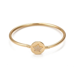 Clear Rack Plating Brass Micro Pave Cubic Zirconia Bangles, Real 18K Gold Plated Flat Round with Star Clasp Bangles, Long-Lasting Plated, Cadmium Free & Lead Free, Clear, Inner Diameter: 2-1/4 inch(5.6cm)