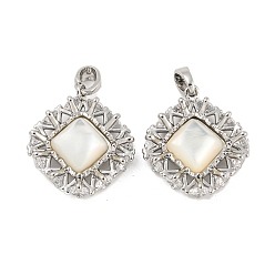 Platinum Brass Pave Shell Pendants, with Clear Cubic Zirconia, Rhombus Charm, Platinum, 19.5x18x5mm, Hole: 4.8x2.7mm