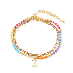 Letter Z 304 Браслеты из нержавеющей стали с подвесками в виде букв, двухслойные, Эластичные браслеты из смоляных бусин для женщин, золотые, Письмо Z, 6.50 дюйм (16.5 см) ~ 6.69 дюйм (17 см)