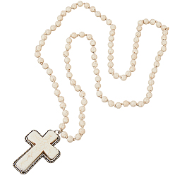 Floral White Alloy Pave Synthetic Turquoise Cross Pendant 8MM Round Beaded Necklaces for Women, Antique Silver, Floral White, 38.58 inch(98cm)